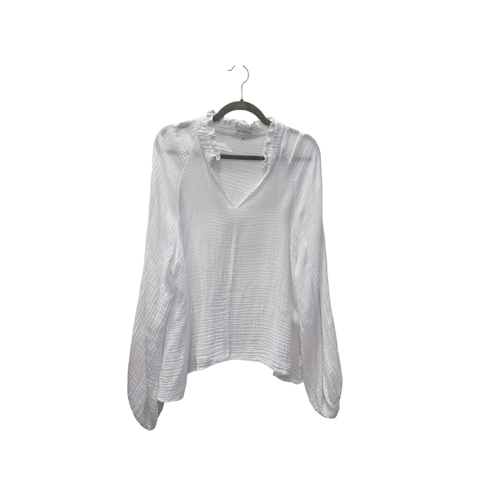 Felicite White Cotton Gauze Ruffle V-Neck Blouse Long Sleeve Boho Top